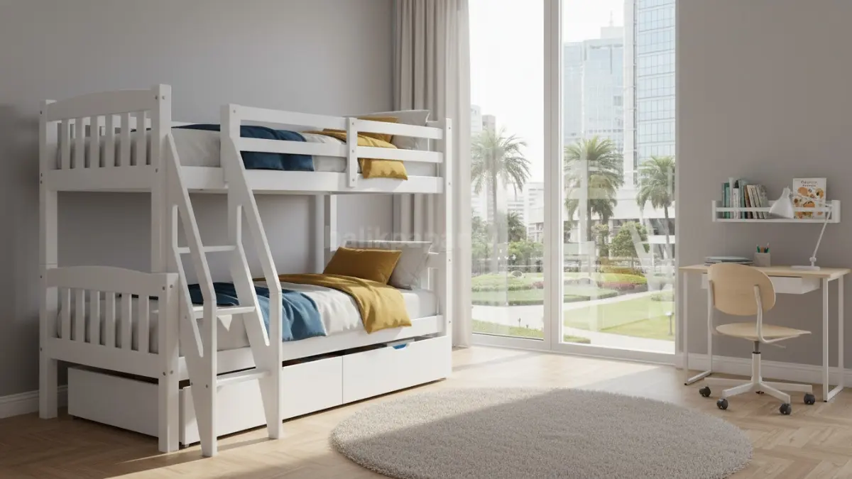 Model bunk bed klasik dengan tangga aman untuk kamar anak
