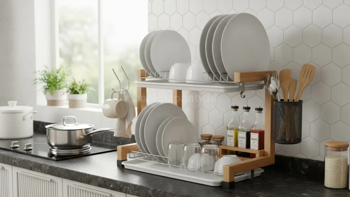 Rak piring multifungsi dengan tempat alat dapur