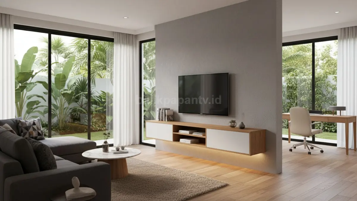 Rak TV minimalis modern dengan desain melayang membuat ruang keluarga terlihat luas