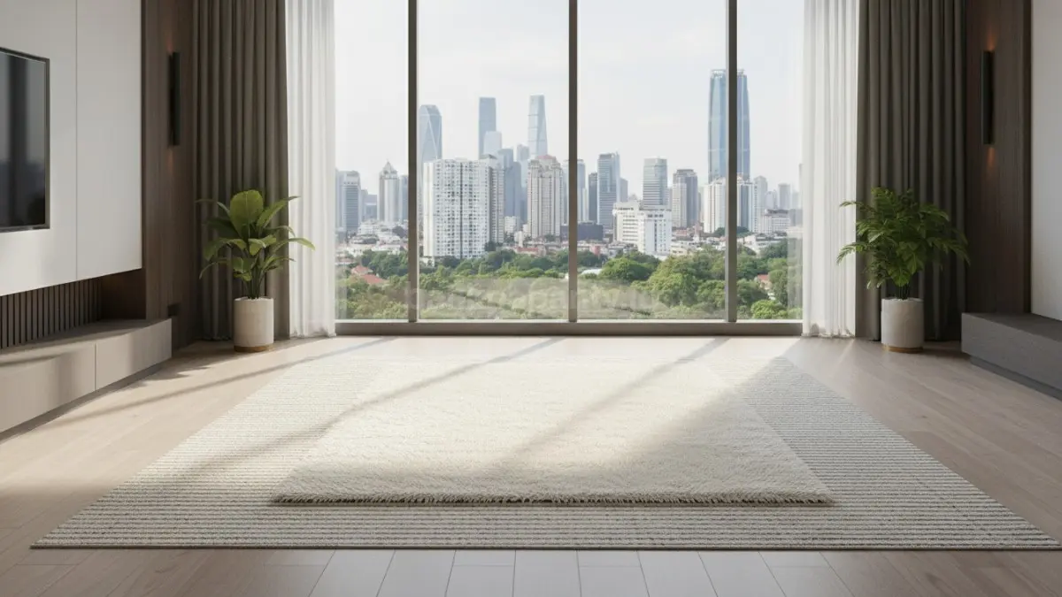 Ruang keluarga atau apartemen modern dengan dua lapis karpet, terlihat karpet dasar tipis dipadukan dengan karpet kecil berbulu di atasnya, menciptakan tampilan bertekstur yang lebih hidup dan dinamis tanpa tambahan furnitur.