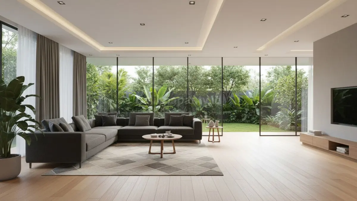 Ruang keluarga dengan konsep open space, furnitur seperti sofa dan meja tersusun proporsional, terlihat jalur sirkulasi yang lega sehingga ruang terasa luas dan nyaman tanpa kesan sempit.