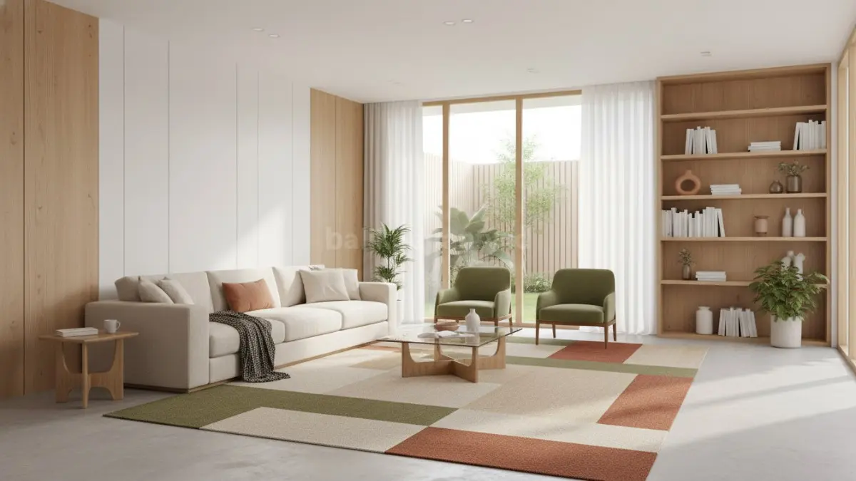 Ruang keluarga minimalis dengan karpet warna beige, cream, olive, dan terracotta yang menyatu dengan sofa dan furnitur, menciptakan suasana hangat, tenang, dan tidak berlebihan secara visual.