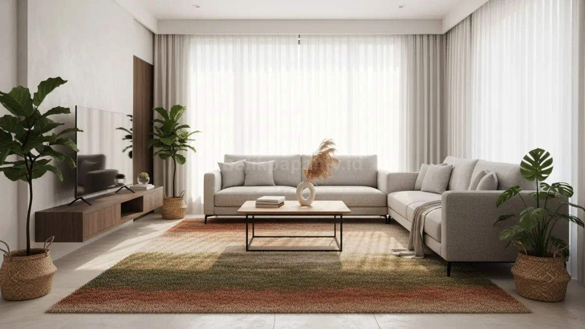 Ruang keluarga minimalis modern dengan karpet warna earthy tone, terlihat hangat, rapi, dan menyatu dengan sofa serta pencahayaan alami.