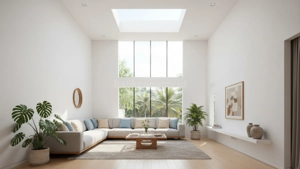 Ruang keluarga modern dengan jendela besar atau skylight yang membiarkan cahaya matahari masuk langsung, membuat ruangan terlihat terang, hidup, dan tidak memerlukan lampu di siang hari.