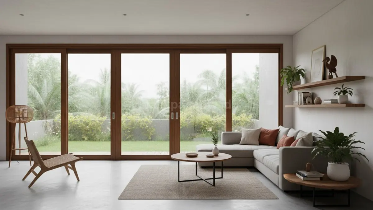 Ruang tamu dengan pintu geser kaca besar