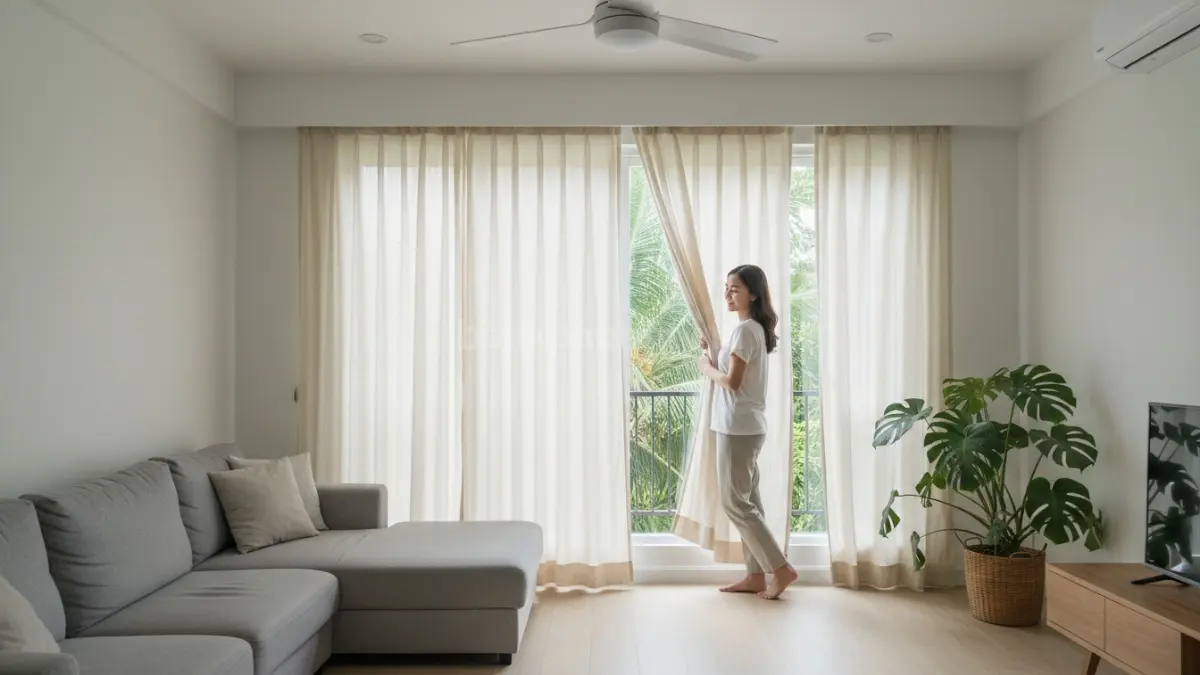 Ruang tamu minimalis dengan gorden modern yang membuat ruangan terang dan nyaman