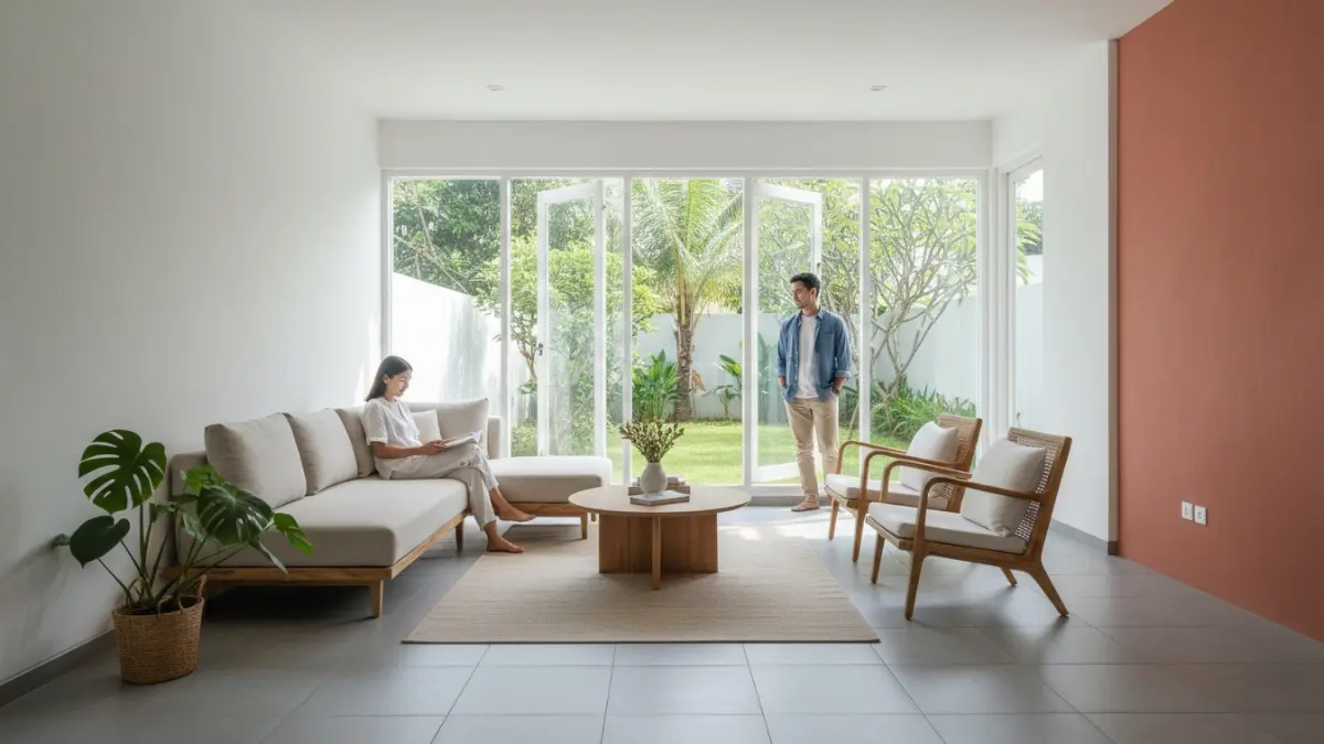 Ruang tamu minimalis dengan pencahayaan alami dan tata letak rapi terlihat elegan tanpa dekorasi tambahan