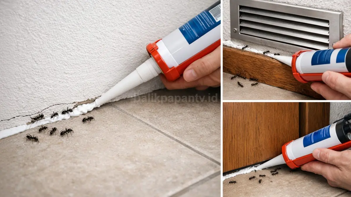 Seseorang sedang menutup akses masuk semut hitam ke dalam rumah menggunakan sealant.