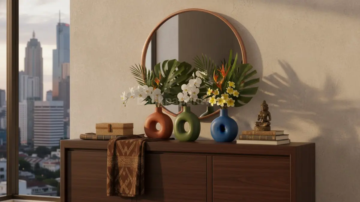Susunan layering dekorasi di atas credenza
