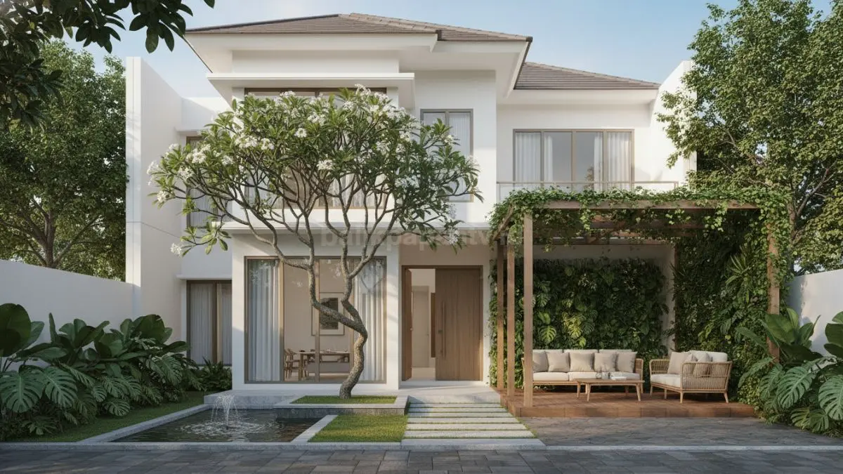 Taman minimalis kecil dengan tanaman hijau segar di rumah modern