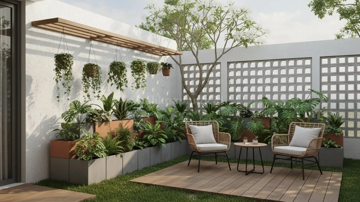 Taman sudut dengan pot modular