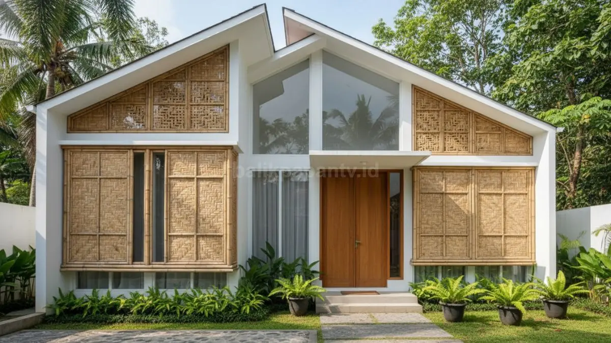 Tampilan fasad depan rumah kampung modern dengan dekorasi anyaman bambu bermotif, berfungsi sebagai penyaring visual dari luar sekaligus menjaga sirkulasi udara dan cahaya alami tetap masuk.