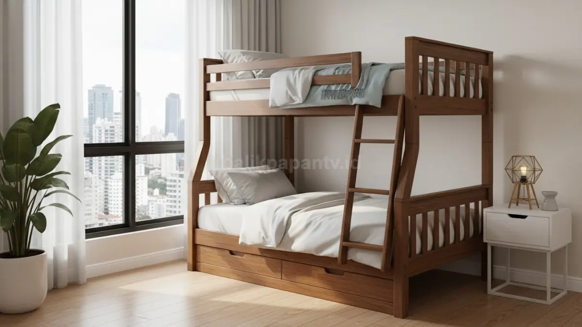 Tempat tidur dua tingkat klasik dengan tangga samping
