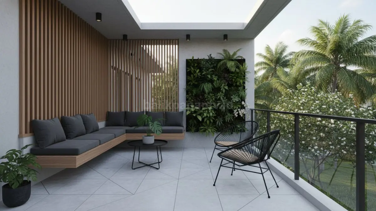 teras rumah minimalis modern dengan kursi santai dan tanaman hijau