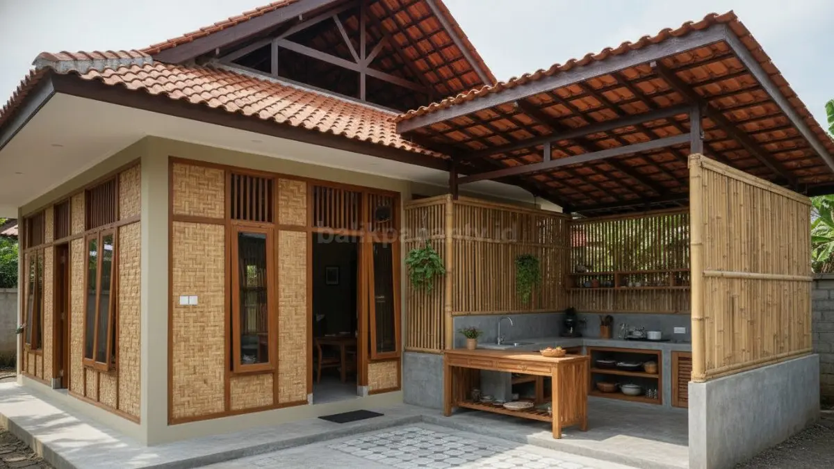 Visual dapur semi terbuka dengan kombinasi dinding bambu dan atap tinggi, memperlihatkan sirkulasi udara lancar, pencahayaan alami masuk, serta suasana dapur yang terasa sejuk dan nyaman.