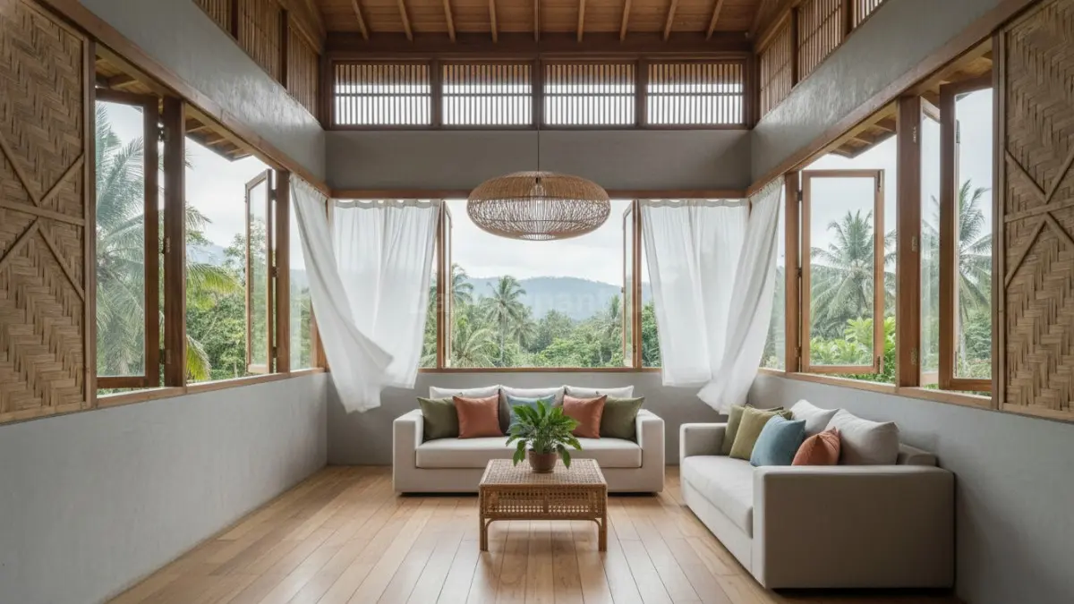 Visual ruang keluarga rumah kampung modern dengan dinding tembok dipadukan panel anyaman bambu di bagian atas dan samping, menampilkan pencahayaan alami dan sirkulasi udara yang terasa adem.
