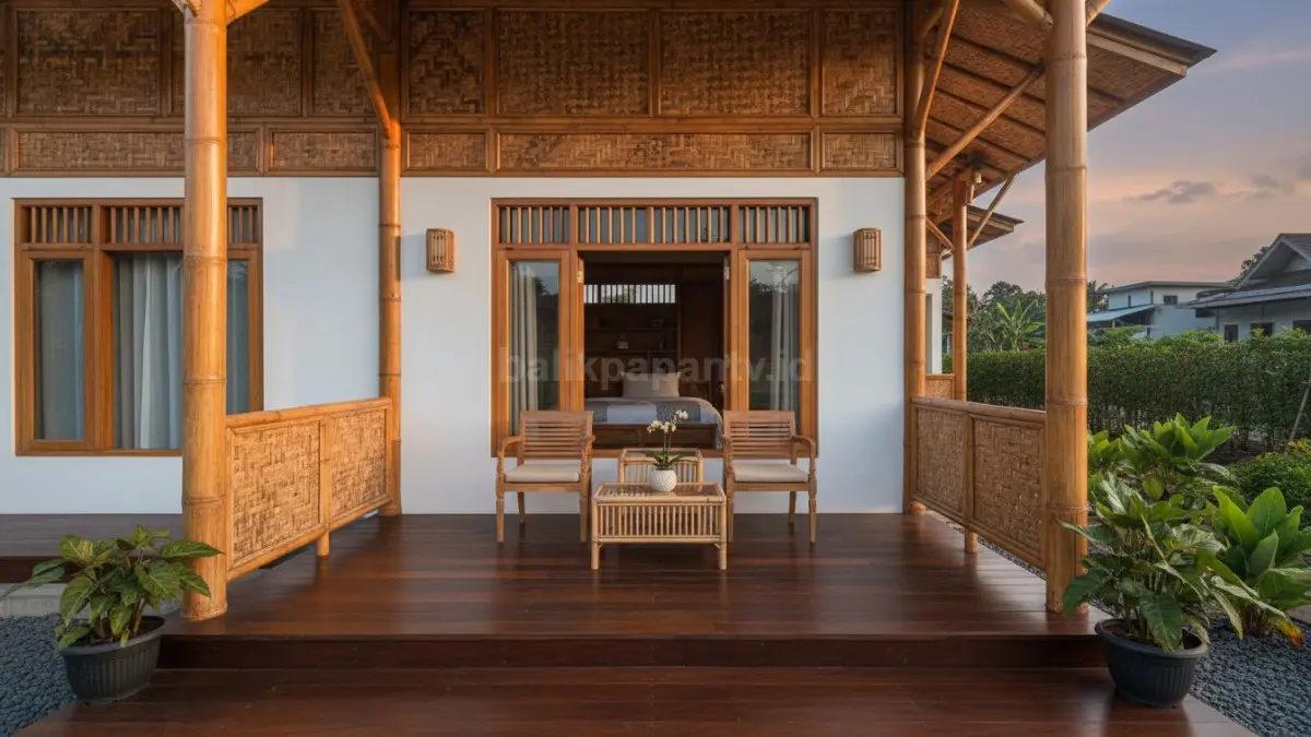 Visual teras rumah dengan dominasi material bambu, dilengkapi kursi kayu sederhana, menghadirkan suasana hangat, alami, dan nyaman untuk berkumpul di sore hari.