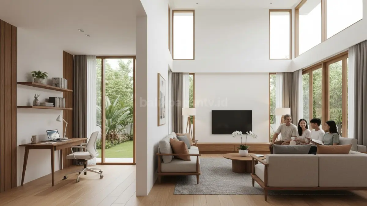 uInterior rumah modern elegan dengan konsep minimalis, terlihat ruang rapi tanpa dekorasi berlebihan, digunakan untuk berbagai aktivitas seperti bekerja dan berkumpul keluarga, mencerminkan kenyamanan, efisiensi, dan kesederhanaan yang berkualitas tinggi.