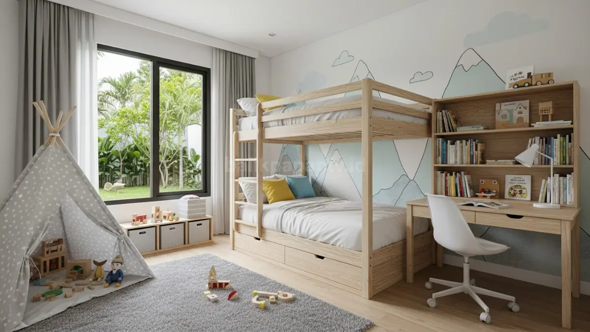 kamar anak modern multifungsi dengan area tidur, belajar, dan bermain dalam satu ruang
Kamar anak sekarang jadi ruang multifungsi. Bukan cuma tempat tidur, tapi juga tempat belajar, bermain, bahkan eksplorasi kreativitas. Di Indonesia, tren hunian modern 2026 menunjukkan peningkatan desain kamar anak yang fokus pada kesehatan mental dan kenyamanan ruang.