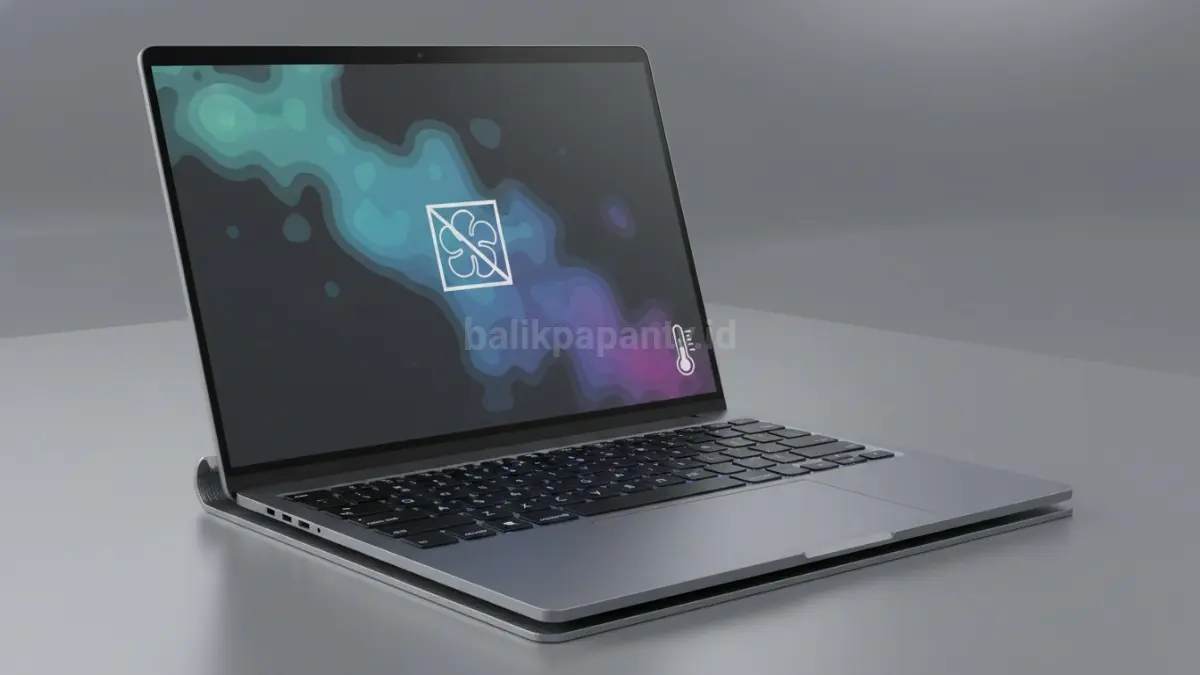 Close-up laptop tanpa kipas, menunjukkan desain senyap dan dingin