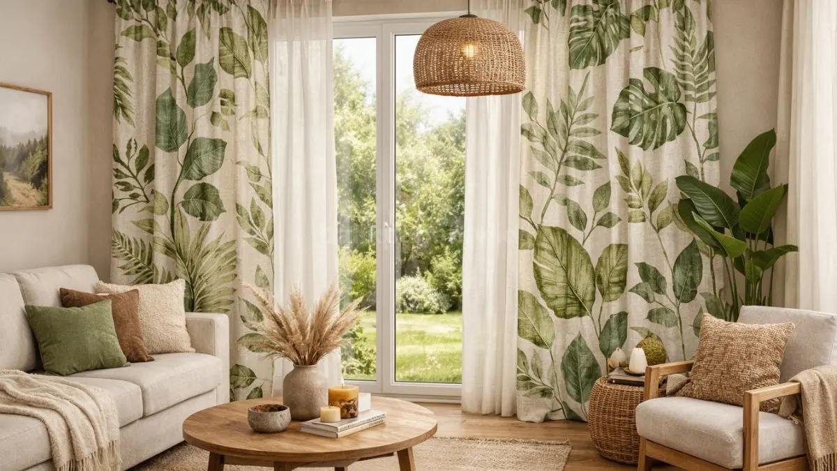 Gorden rumah model curtain dengan motif natural.