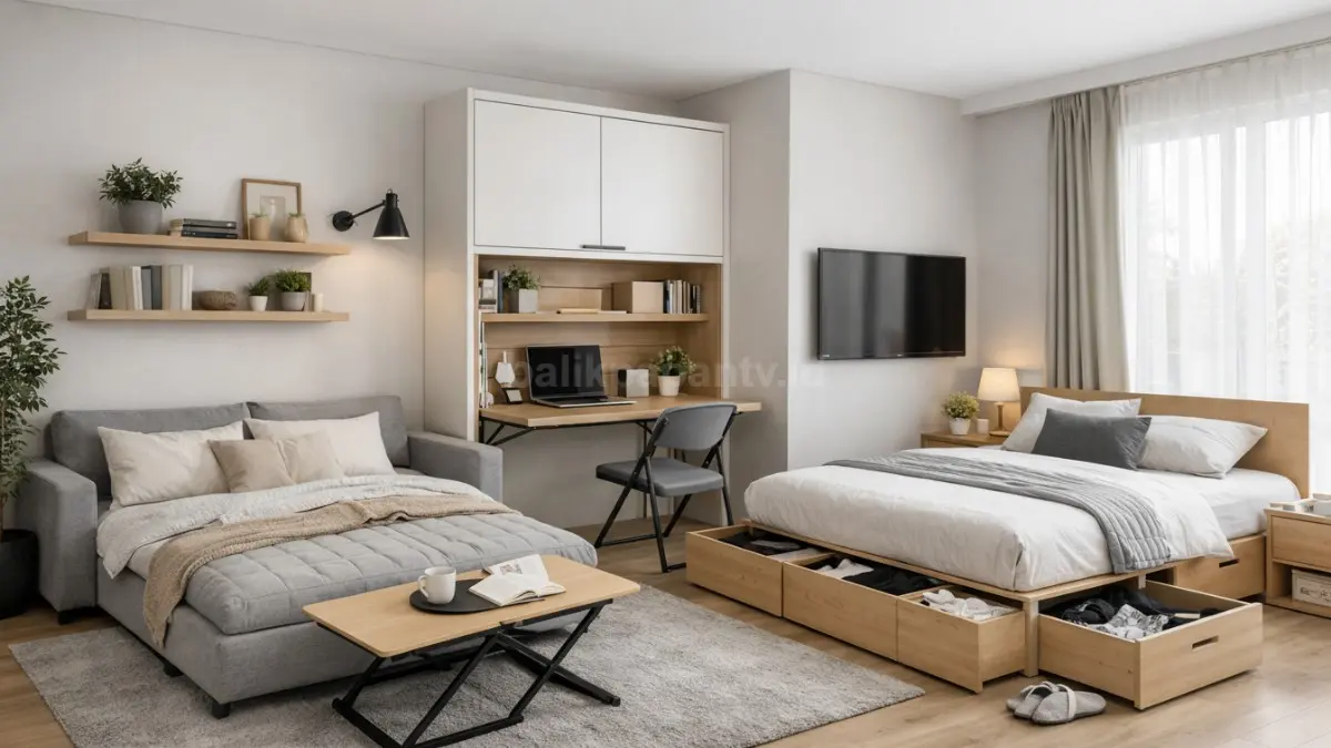 Kamar tidur dengan furnitur multifungsi.