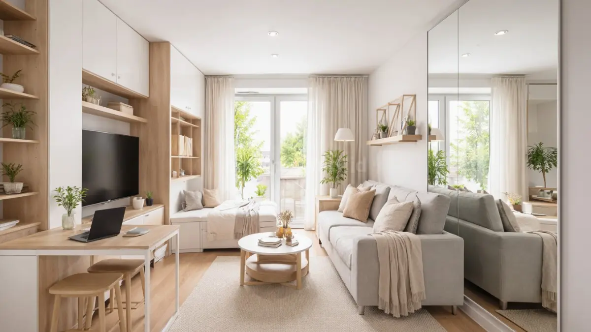 Interior rumah minimalis modern dengan furnitur multifungsi, cermin besar di titik strategis, pencahayaan alami, dan warna netral yang memberi kesan luas.