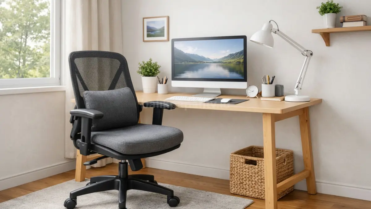 Ruang kerja dengan konsep meja dan kursi ergonomis yang sesuai standar tubuh.