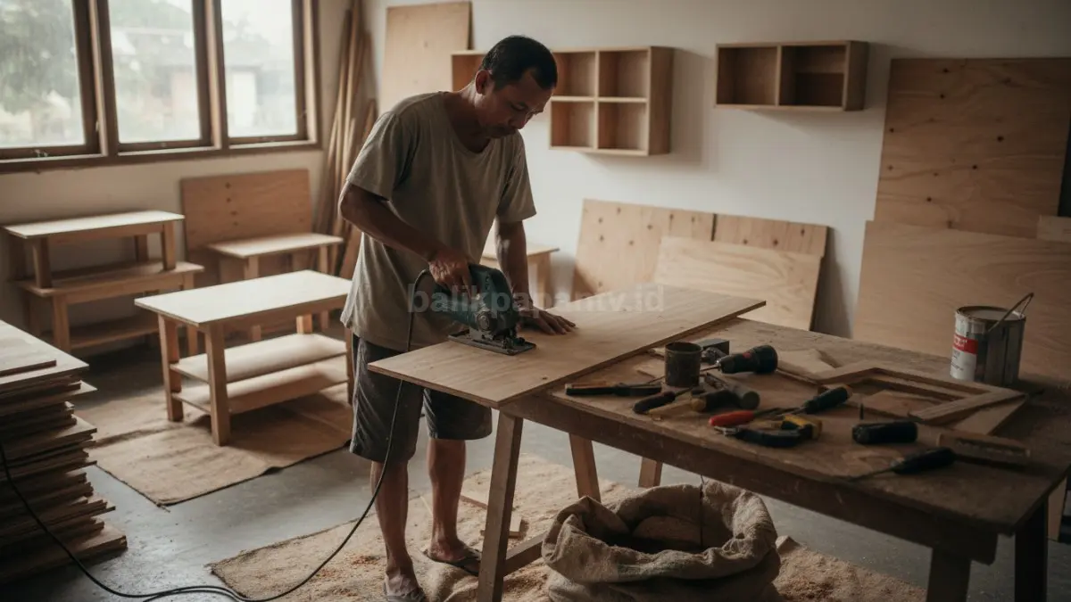Aktivitas mengolah triplek bekas jadi furnitur sederhana yang fungsional dan bernilai ekonomi di rumah