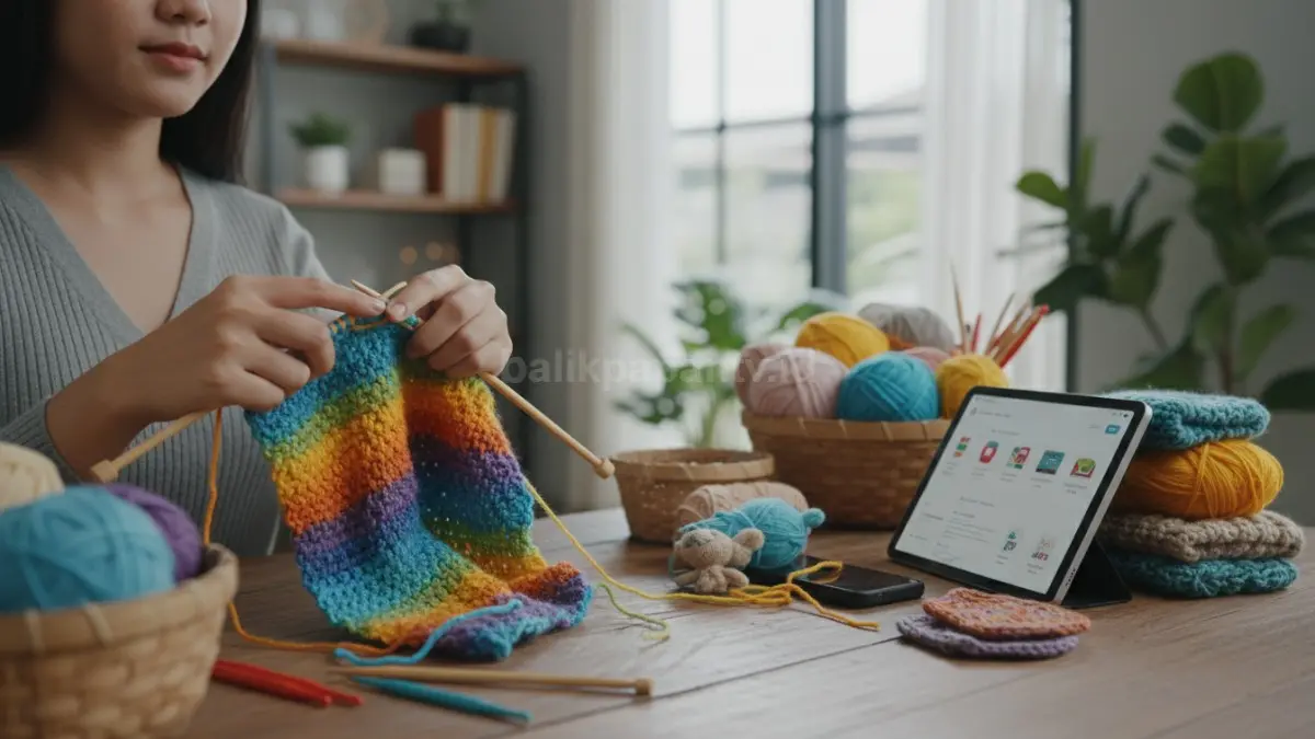 Aktivitas merajut secara manual dengan benang warna-warni, menggambarkan hobi sederhana yang mulai berkembang menjadi peluang bisnis.
