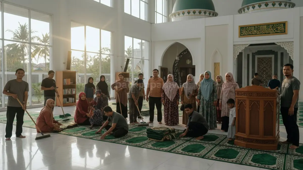 Aktivitas warga merapikan ruang masjid sebagai bentuk kebersamaan sosial yang membangun hubungan antarwarga