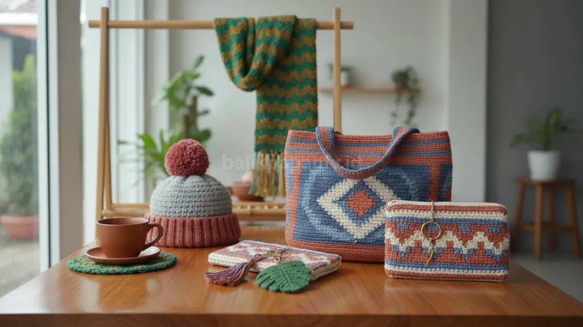 Beragam produk rajut handmade seperti tas dan aksesoris yang ditampilkan dengan detail tekstur benang, menunjukkan keunikan dan nilai personal yang diminati pasar saat ini.