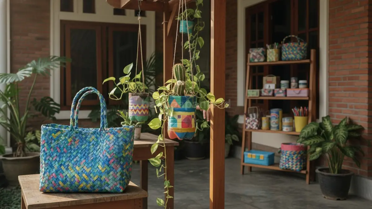 Botol minuman, kantong plastik, atau kemasan diolah jadi pot tanaman, tas belanja, hingga tempat penyimpanan yang fungsional dan bernilai jual