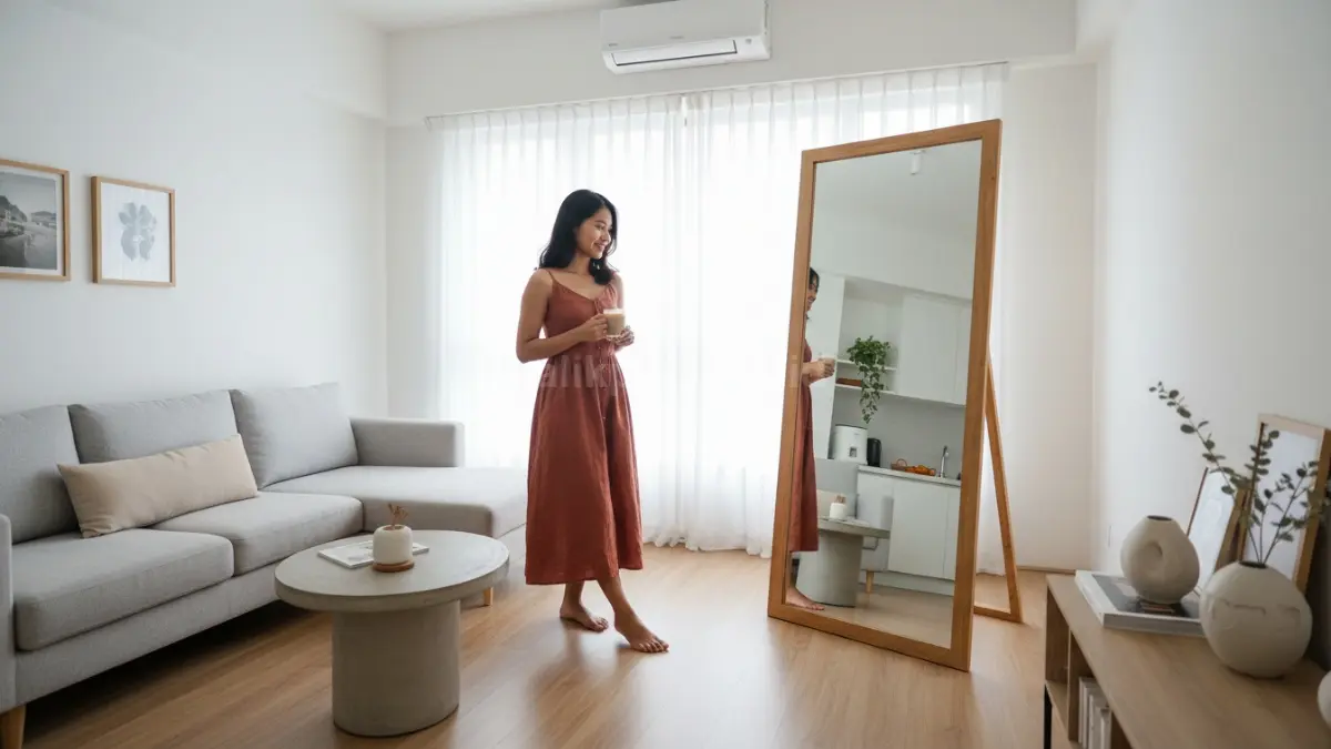 Cermin berdiri minimalis di kamar modern dengan pencahayaan alami terang