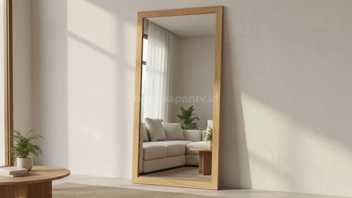 Cermin dengan frame kayu natural
