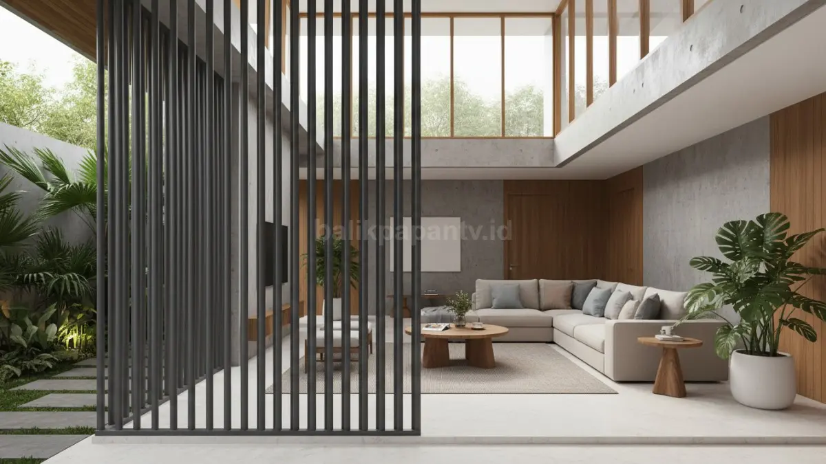 Contoh pagar pipa vertikal pada rumah modern dengan sirkulasi udara baik
