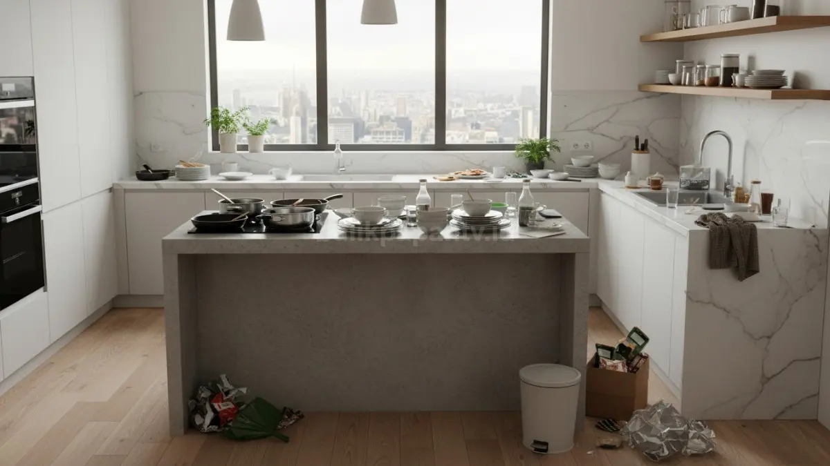 Dapur berantakan dengan peralatan menumpuk
