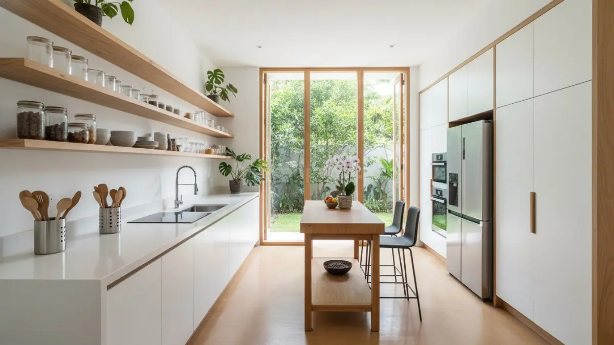 Dapur modern rapi dengan rak dinding dan peralatan tertata
