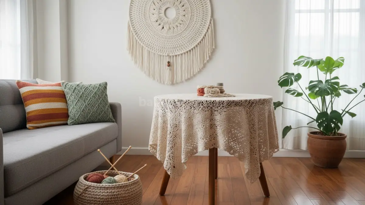Dekorasi rumah berbahan rajut seperti taplak meja, hiasan dinding, dan sarung bantal yang menghadirkan suasana hangat dan estetik di dalam ruangan.