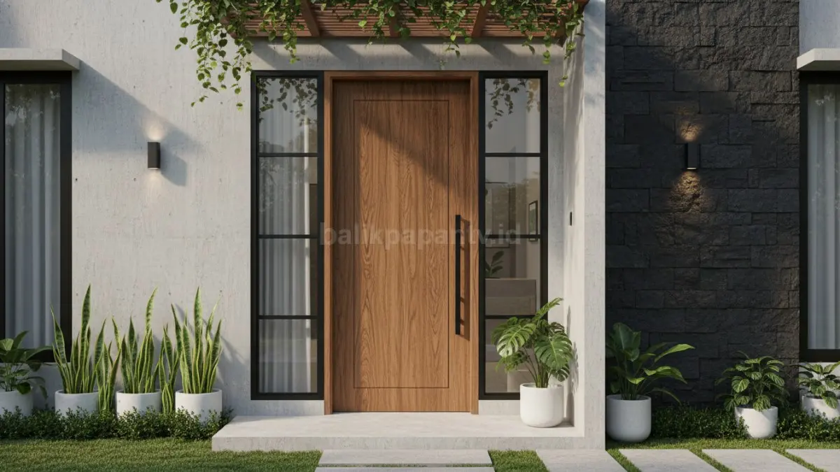 Desain pintu rumah modern minimalis dengan kombinasi kayu dan kaca yang elegan dan fungsional