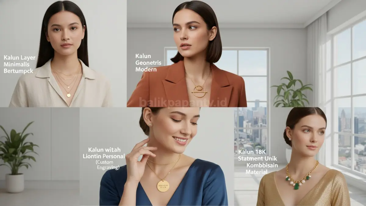 Empat model kalung emas unik seperti layer dan geometris