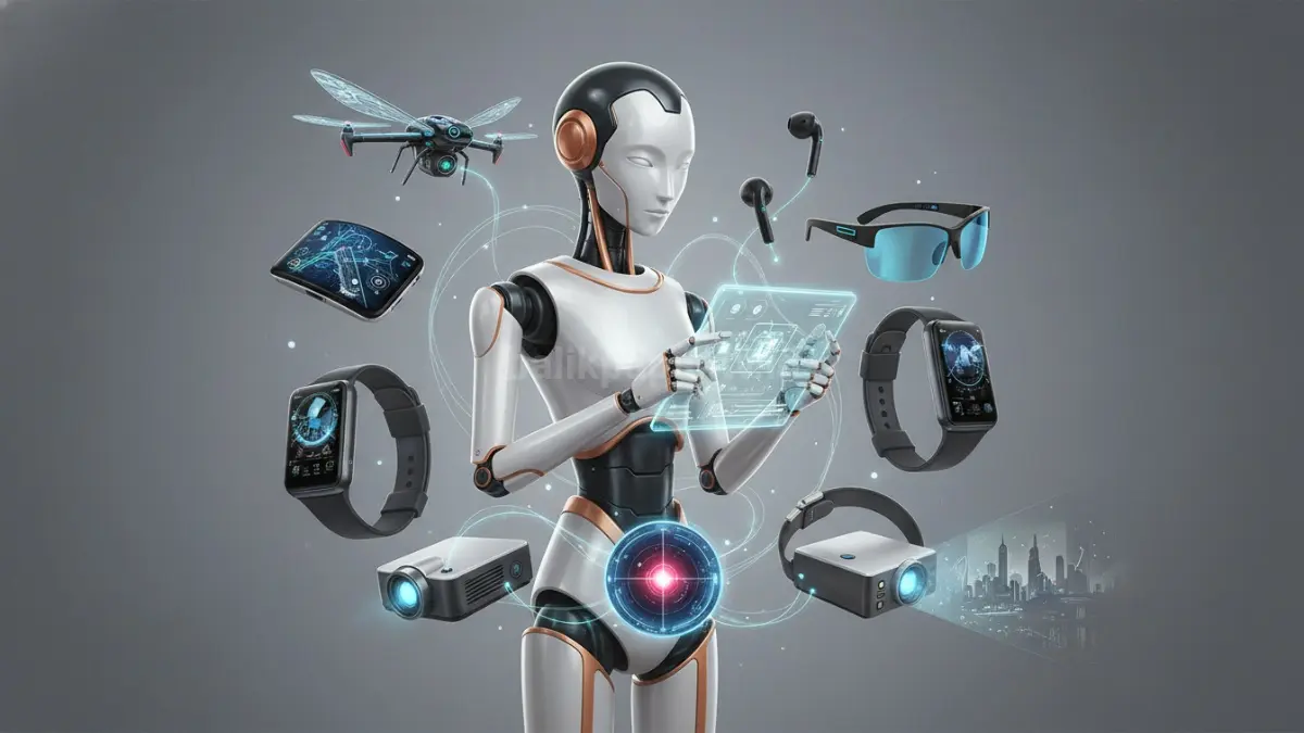 Ilustrasi berbagai gadget pintar modern dari robot hingga wearable dalam satu frame futuristik