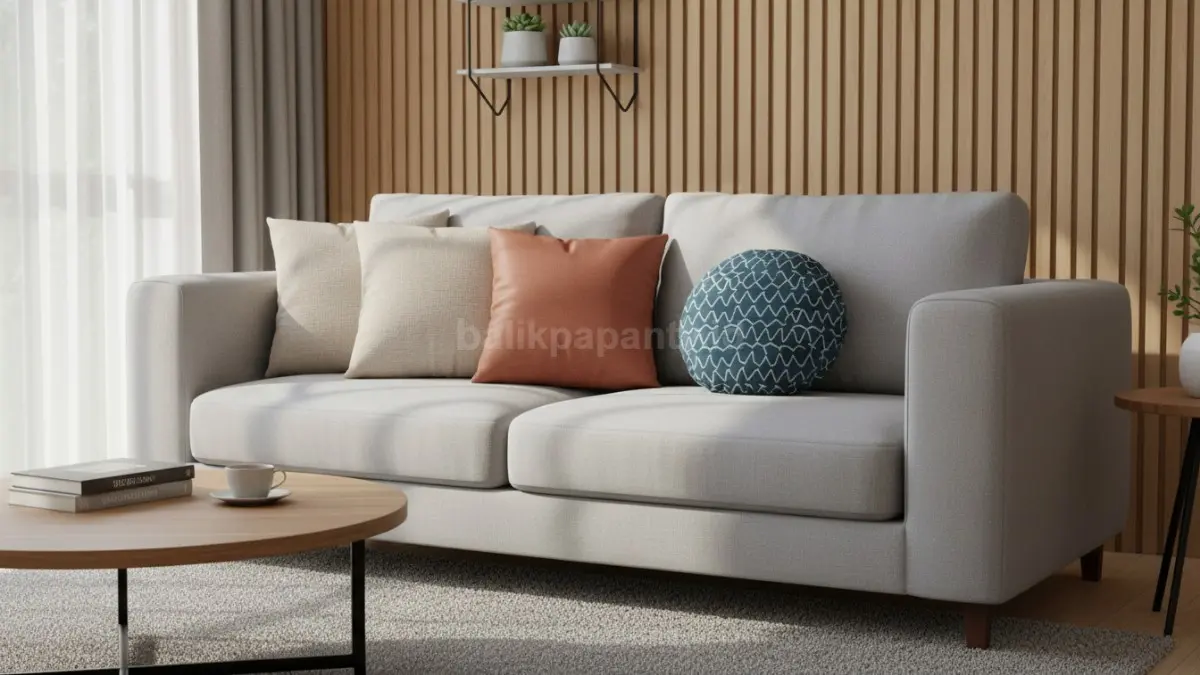 Ilustrasi sofa minimalis dengan bantal tersusun rapi dan proporsional