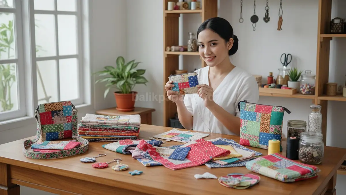 Kain perca diolah menjadi tas kecil, dompet, atau aksesoris unik yang menarik dan punya peluang dikembangkan jadi produk bernilai jual