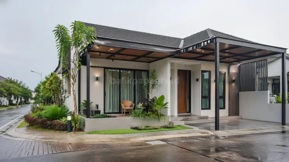 Kanopi teras bentuk L pada rumah hook kecil dengan desain minimalis tropis yang rapi dan fungsional.