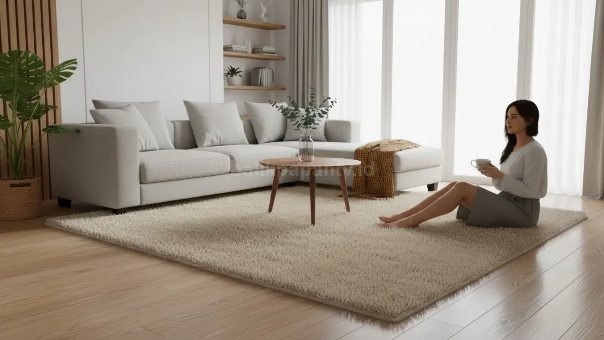 Karpet bulu modern di ruang tamu minimalis, suasana hangat langsung terasa