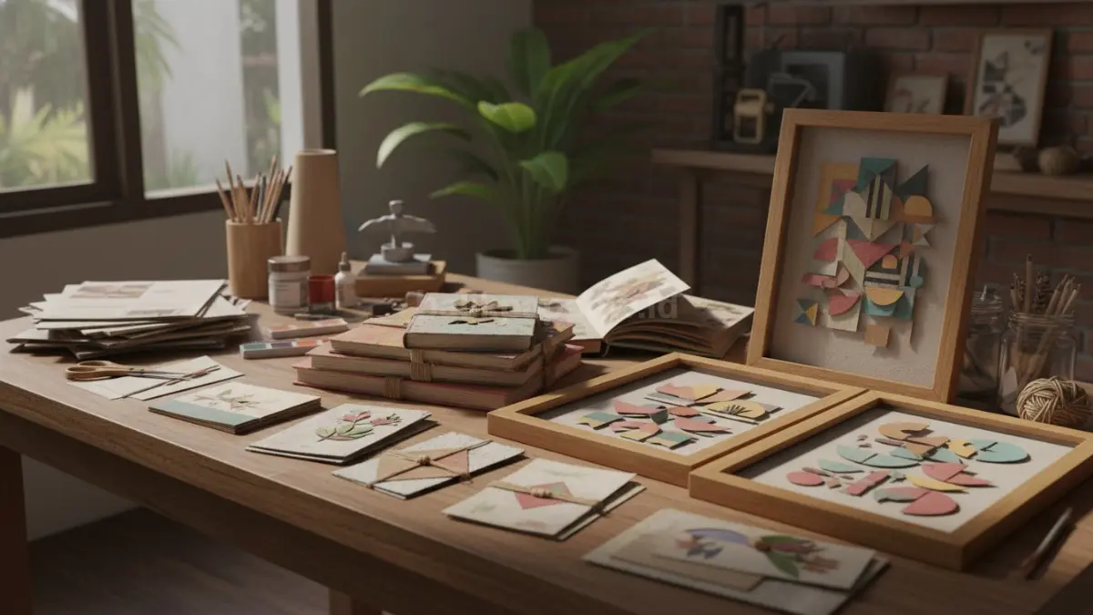 Kertas bekas diolah menjadi buku catatan handmade, hiasan dinding, atau kartu ucapan dengan tampilan menarik dan bernilai estetik