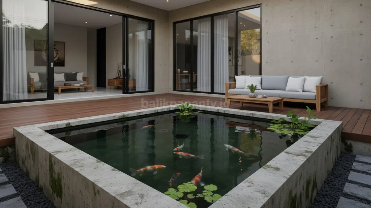 Kolam ikan minimalis kotak beton ekspos

