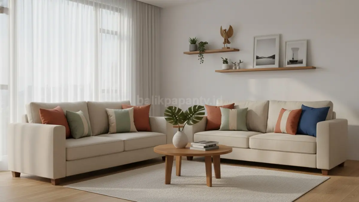 Kombinasi bantal sofa modern dengan warna netral yang bikin ruang tamu terlihat hangat