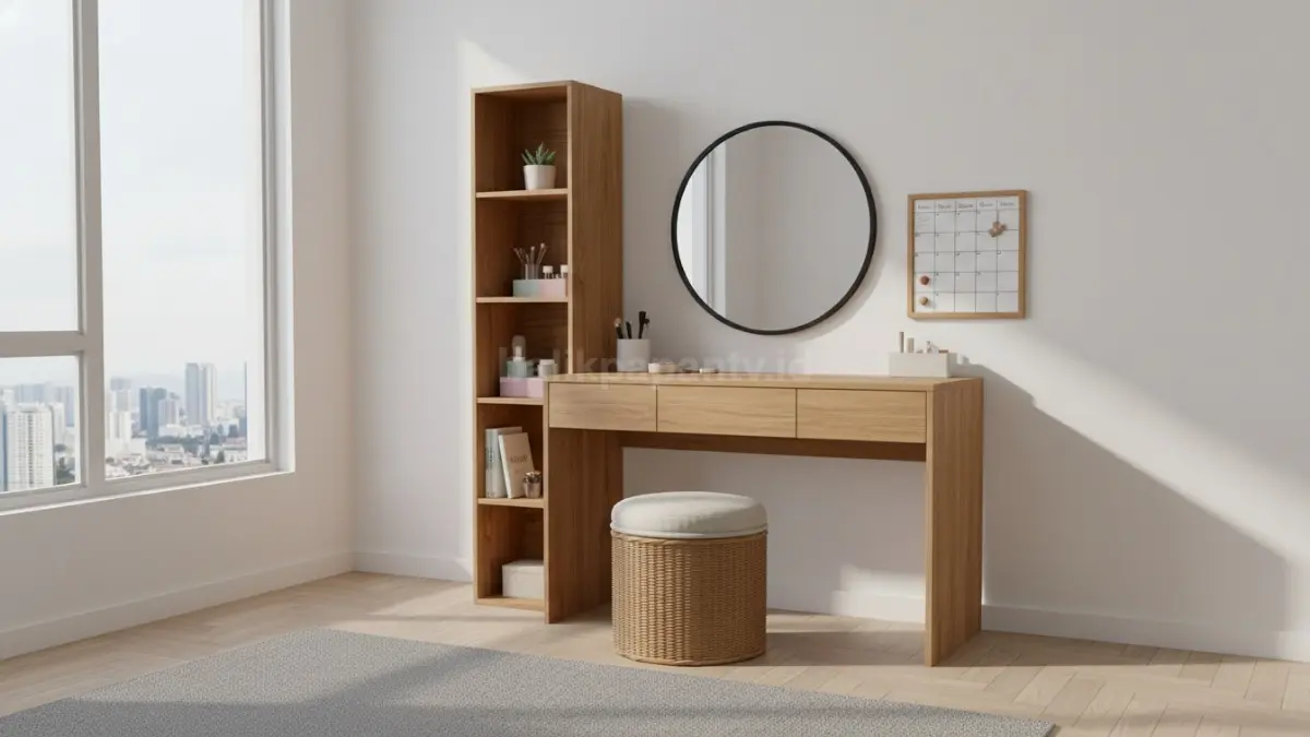 Meja rias minimalis modern dengan lampu LED dan desain clean